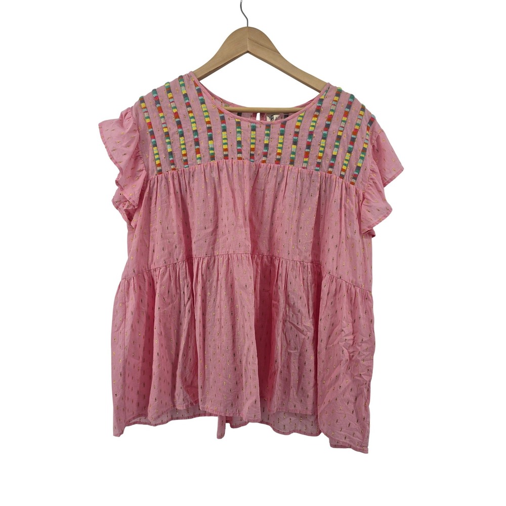 Ivy Jane Blouse Women XL Pink Gold Metallic Dobby Embroidered Flutter Sleeve Top